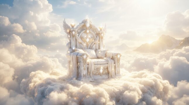 A magical glowing white and gold royal throne floating on fluffy clouds in the sky