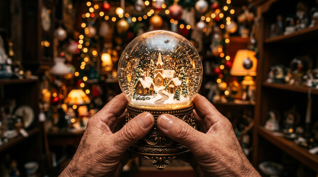 Elderly hands holding vintage snow globe with winter village in christmas shop