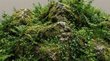 Fototapeta premium Moss covered rocks and lush green ferns in forest landscape