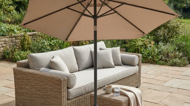 Outdoor garden sofa with cushions under a parasol on a stone patio