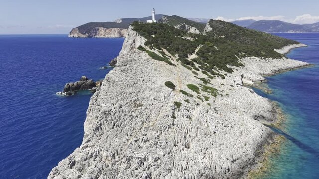 Cape Lefkatas, Lefkada, Greece, aerial drone view, Doukato, lighthouse