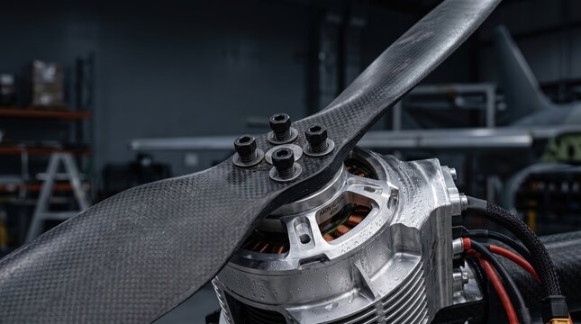 Heavy-Duty Industrial Drone Motor and Carbon Fiber Propeller in Assembly Workshop AI-Generated