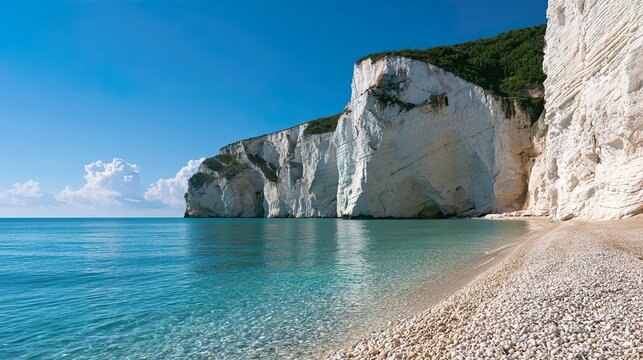 Dramatic white limestone cliffs rising above calm turquoise sea and pebble beach.