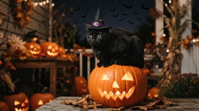 Black cat wearing witch hat sitting on carved jack-o-lantern for Halloween