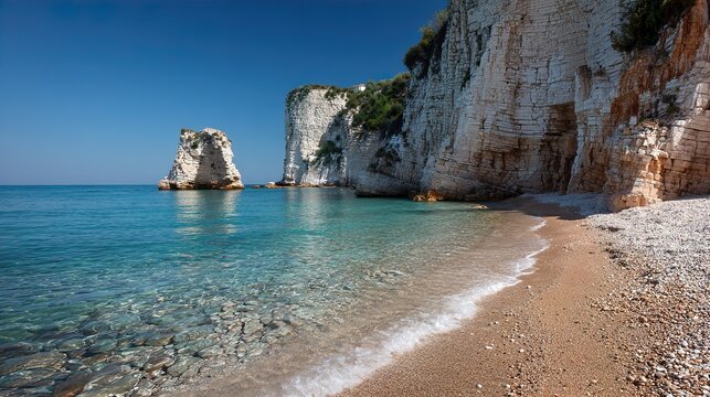 Dramatic white limestone cliffs rising above calm turquoise sea and pebble beach.