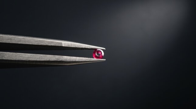 Watchmaker Tweezers Holding Synthetic Ruby Jewel Bearing on Dark Background AI-Generated