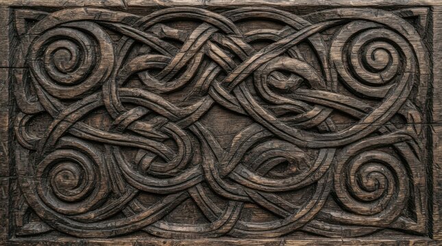 Intricate Celtic wood carving with spiral and interlace patterns