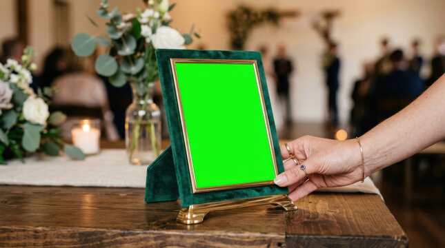 Green velvet picture frame with elegant gold metallic trim on dark wooden table in wedding reception hall for event decor mockups.