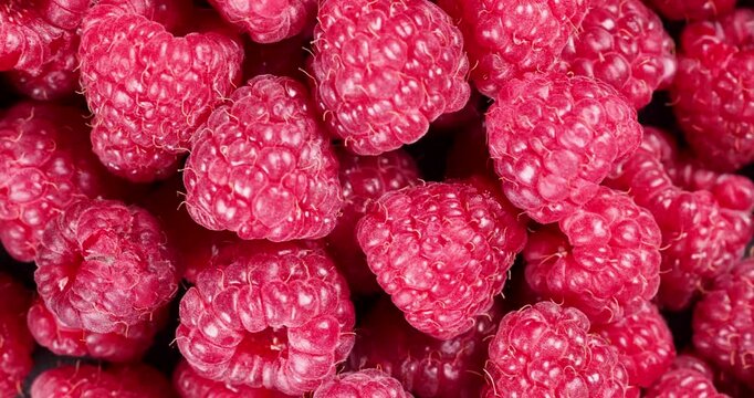 Fresh ripe raspberries gently rotating background