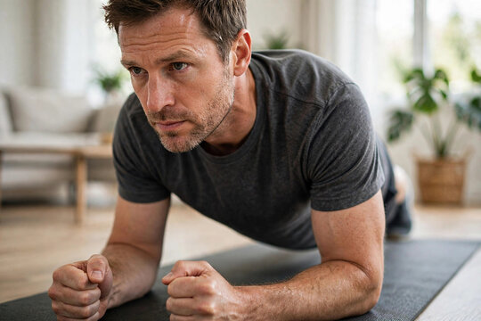 Man holding plank position to strengthen core at home