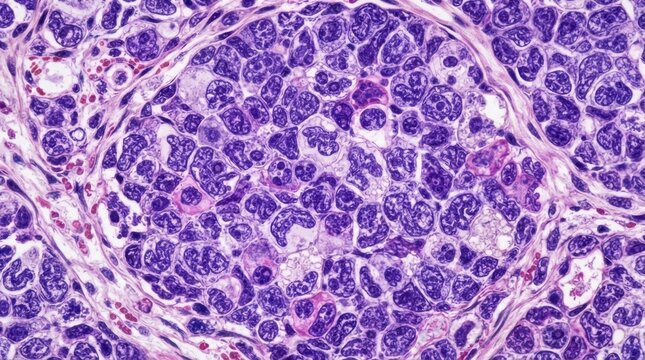 Microscopic view of human tissue showing cell clusters and nuclei