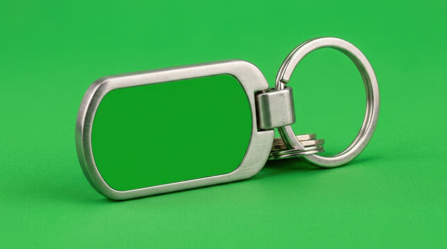 Metallic keychain featuring rectangular flat surface with vibrant green insert for custom logo engraving on plain bright background.