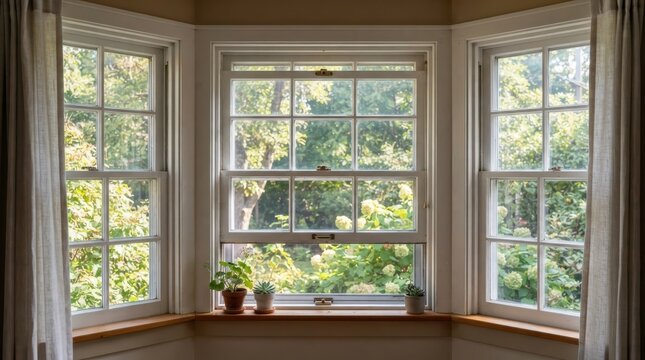 Bay window with potted plants overlooking green garden trees