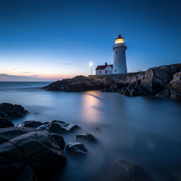 Coastal lighthouse illuminated on a rocky shore at twilight with long exposure sea