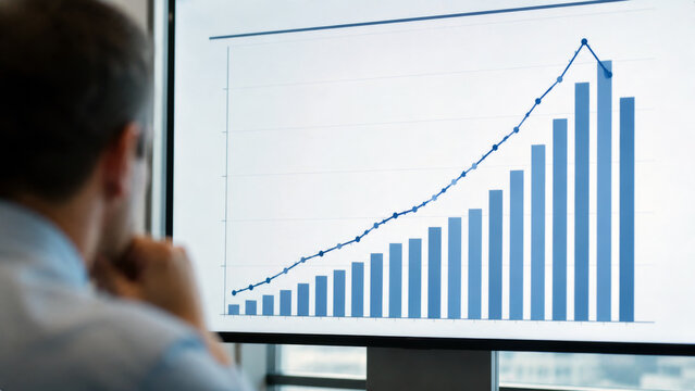 Businessman analyzing a financial chart showing strong growth followed by a sudden decline on a large screen