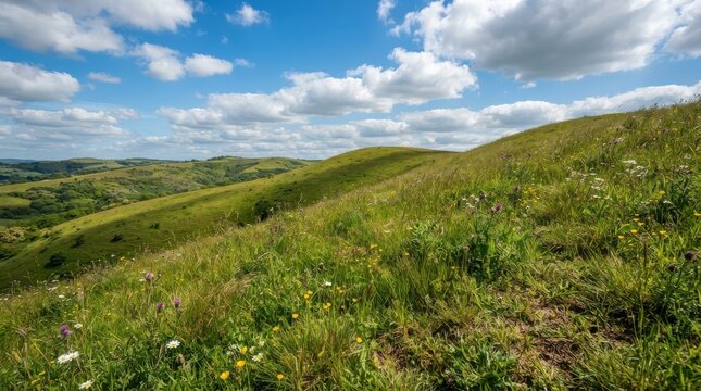 Green rolling hills and wildflower meadow under a bright blue sky with clouds