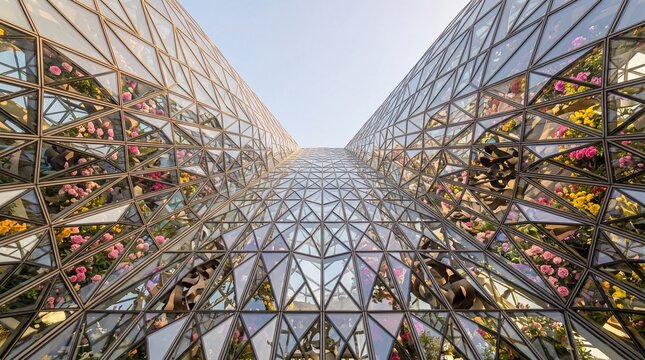Futuristic Glass Greenhouse Architecture with Blooming Flowers