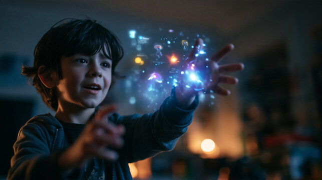 Curious Boy Interacting with Futuristic Holographic Interface