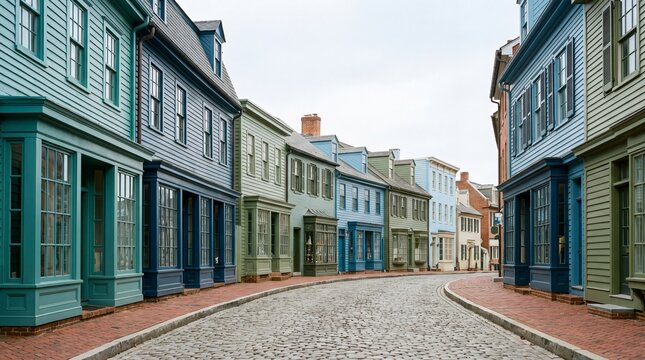 Historic Cobblestone Street with Colorful Colonial Wooden Buildings