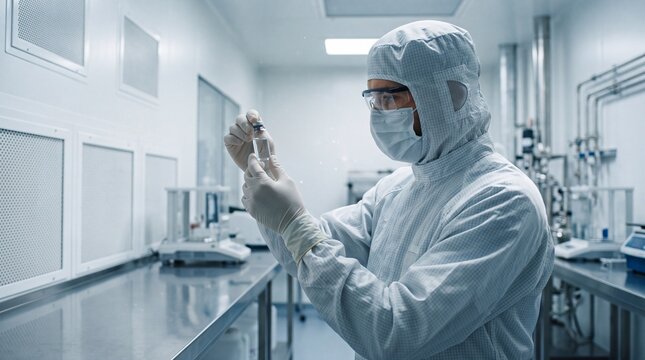 Scientist in Cleanroom Suit Inspecting Vaccine Vial in Pharmaceutical Laboratory