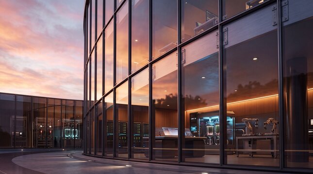 Modern Robotics Laboratory in Futuristic Glass Building at Sunset