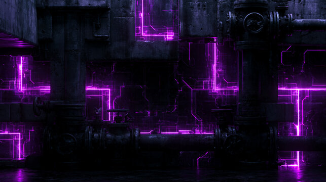 Futuristic Cyberpunk Industrial Interior with Glowing Neon Circuits