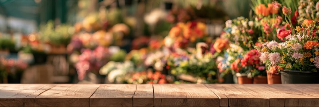 A wooden table sits empty in front of a colorful flower market with blurred stalls and vibrant flower displays during a busy spring day.
