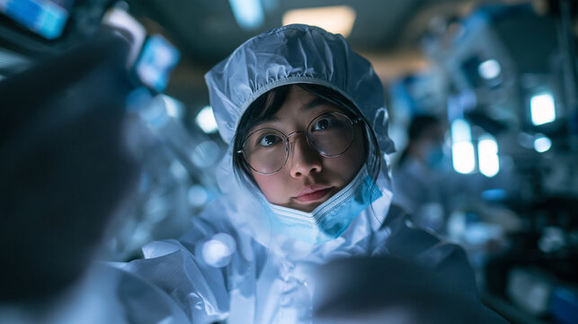 Female Scientist in Cleanroom Suit Conducting High Tech Research