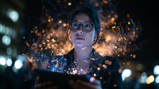 Businesswoman Using Digital Tablet with Glowing Data Network Particles