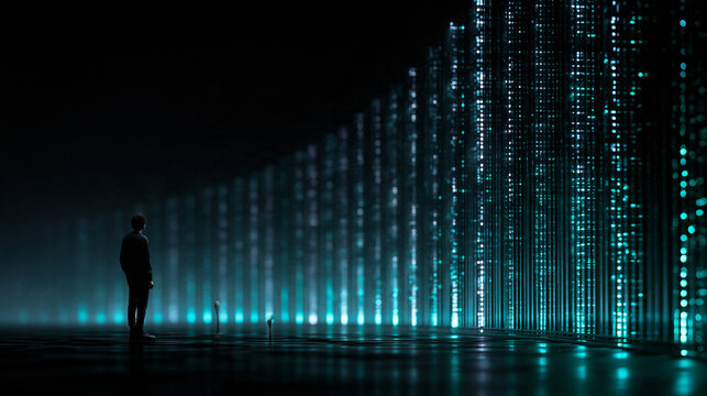 Person Looking at Glowing Futuristic Big Data Wall