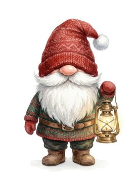 Christmas gnome in knitted red hat holding glowing lantern. Scandinavian tomte with white beard on white background. Watercolor illustration. Winter holiday and New Year card design.