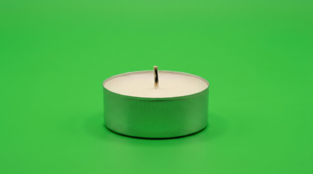 Unlit white tea light candle in small metal cup centered on green backdrop for home decor relaxation and emergency light sources.