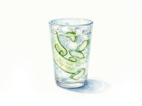 Watercolor illustration of glass with sparkling water, ice cubes and cucumber slices on white background. Refreshing summer drink. Infused water and healthy hydration concept.