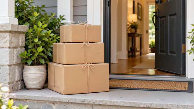 Stack of Cardboard Delivery Boxes and Packages Tied with Twine Outside Front Door on House Porch