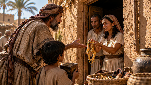 The Israelites ask their Egyptian neighbors for jewelry, and they give it to them.