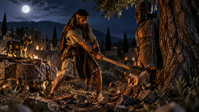 Gideon tears down the altar of Baal and cuts down the idol tree during the night.