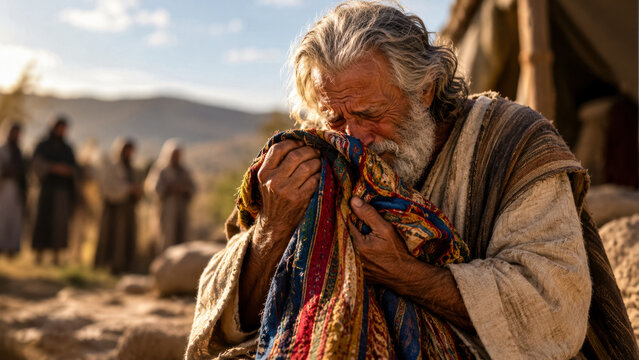 Jacob weeps, holding his son Joseph's robe in his hands.