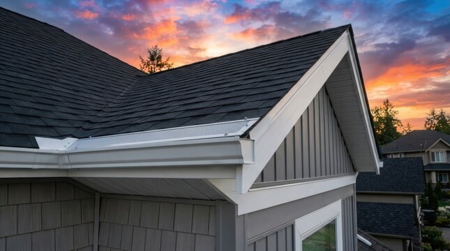 House roof with white gutters and guards against a sunset sky