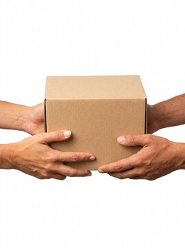 Two people holding a plain, featureless cardboard box together against a clean white background