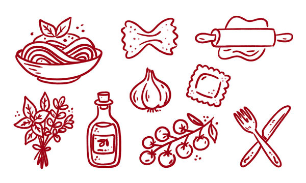 Hand drawn cooking and food doodle collection with noodles, candy, garlic, herbs, sauces, berries, kitchen utensils and baking elements in a trendy minimalist vector style