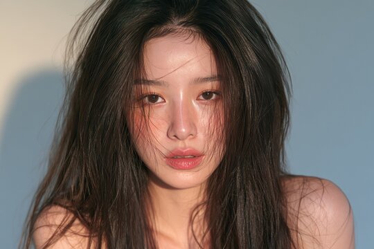 Young Asian woman looking directly forward, messy hair across face, warm studio lighting