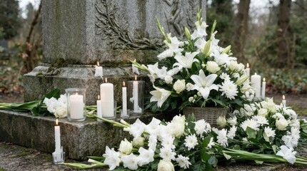 Obraz premium White floral arrangements and burning candles at a stone grave in a cemetery