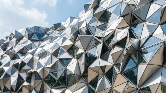 Modern architectural facade with a complex triangular geometric metallic panel design