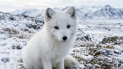 Fototapeta premium Arctic fox sitting in snow-covered landscape with mountains