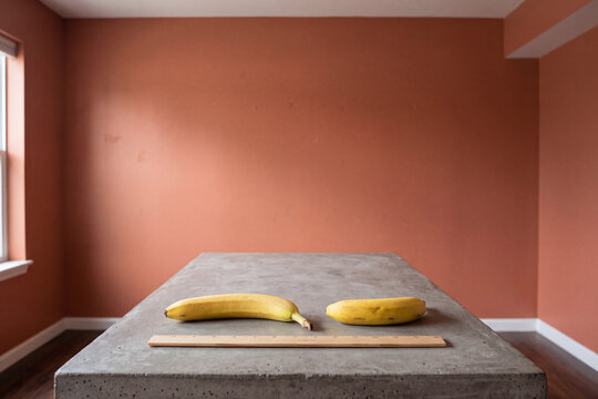 Two bananas of different sizes and a ruler on a concrete table