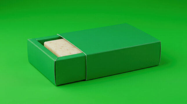 Green sliding box packaging holding organic handmade exfoliating bar soap for sustainable natural hygiene beauty product displays.