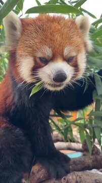Cute red panda eating fresh green bamboo leaves in nature