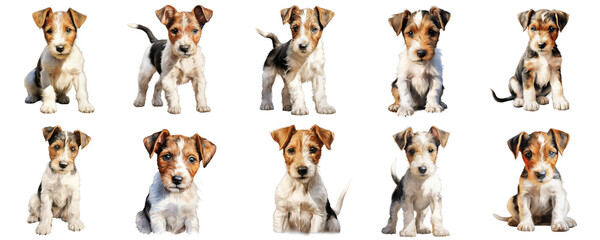 Fototapeta premium Collection of wire fox terrier puppies in various poses stands out against a black backdrop