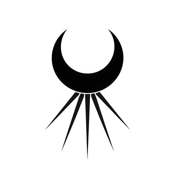 Minimalist black crescent moon icon with downward radiating spikes against plain white background