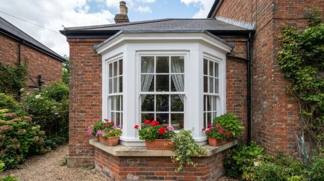 Traditional bay window on a red brick house with flower boxes